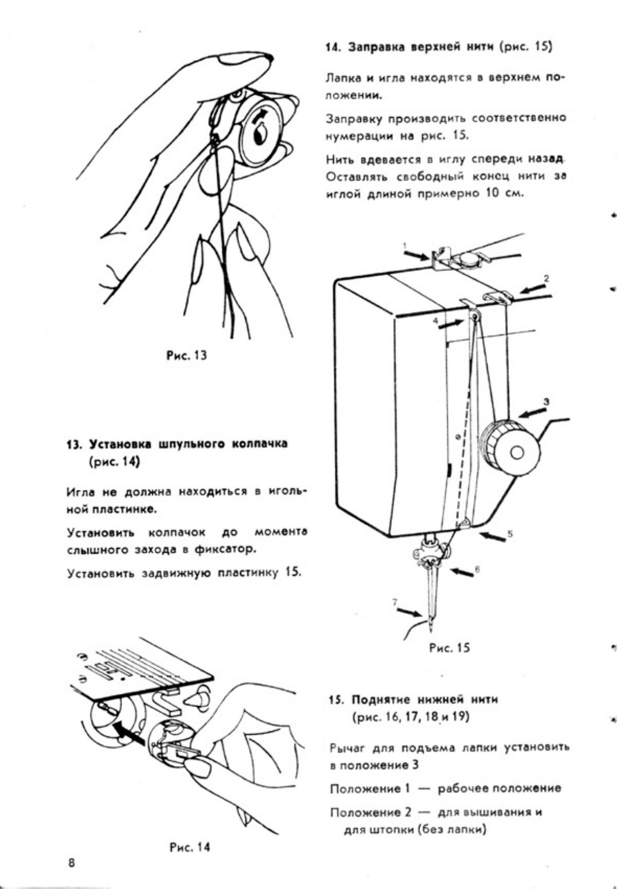 Заводская схема установки шпульного колпачка и заправки верхней нити Veritas 8014/43